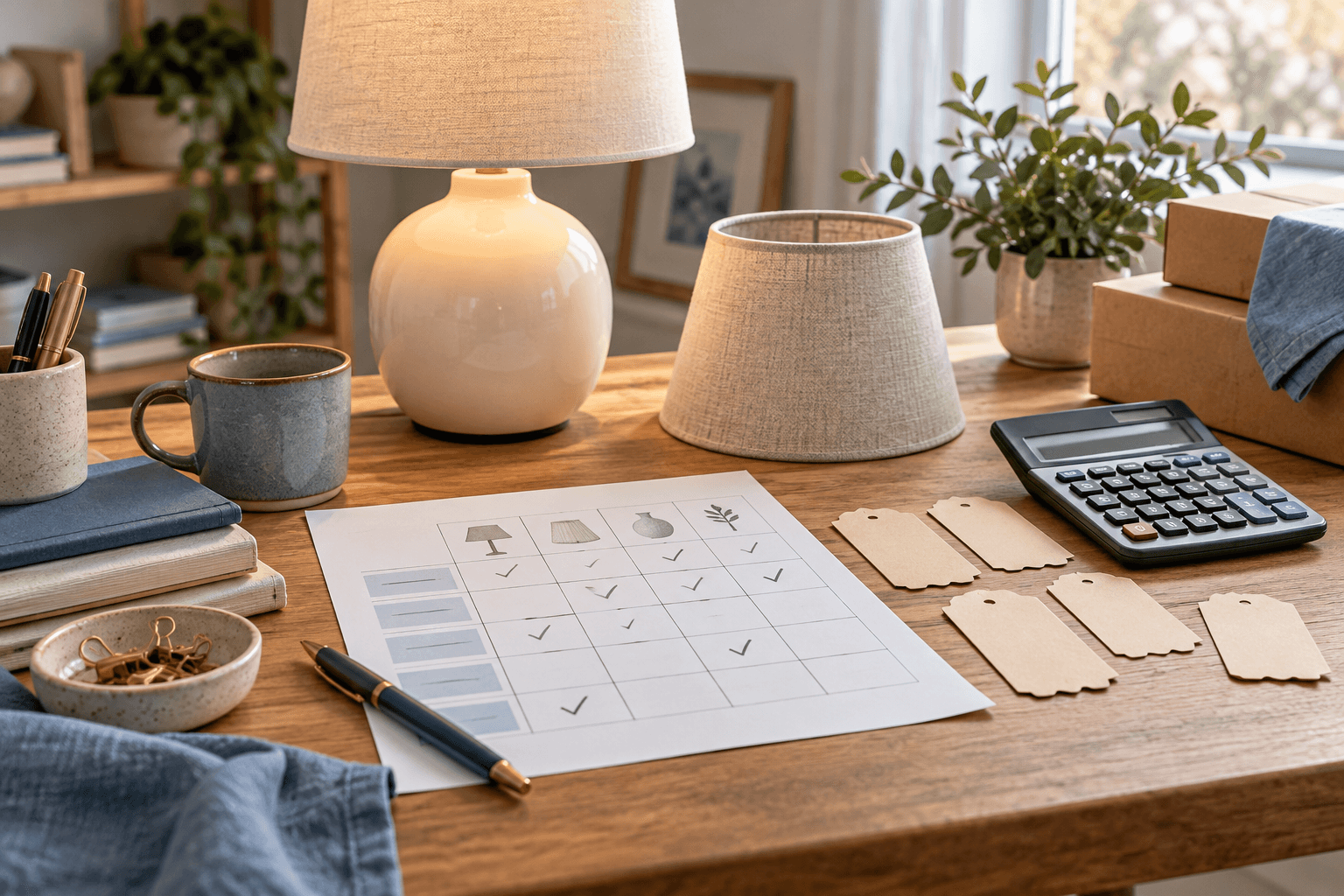 Cream desk lamp and spare linen shade beside a paper test grid, blank coupon tags and a calculator.