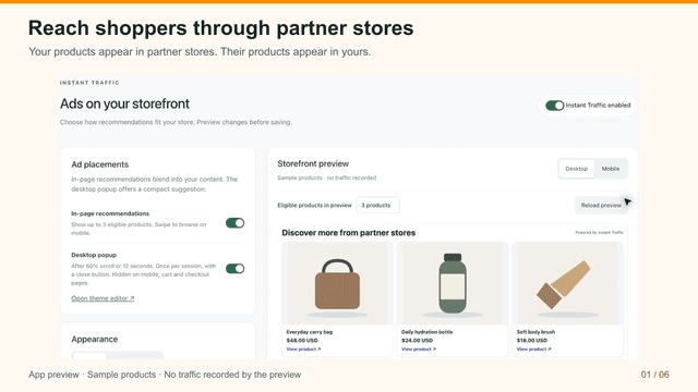 Partner ad placements and sample product preview