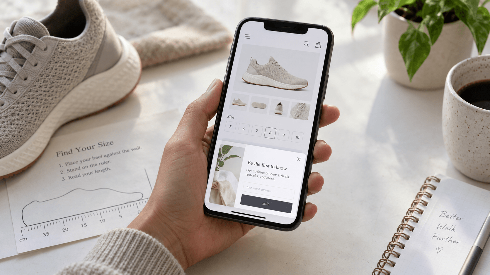 Phone showing a shoe page, size options and a dismissible email invitation beside a walking shoe.