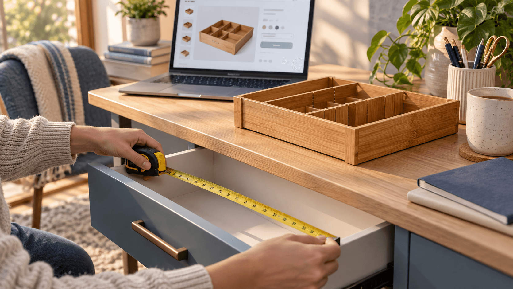 Merchant measuring the inside of a desk drawer beside a wooden organizer and a laptop showing its product page.